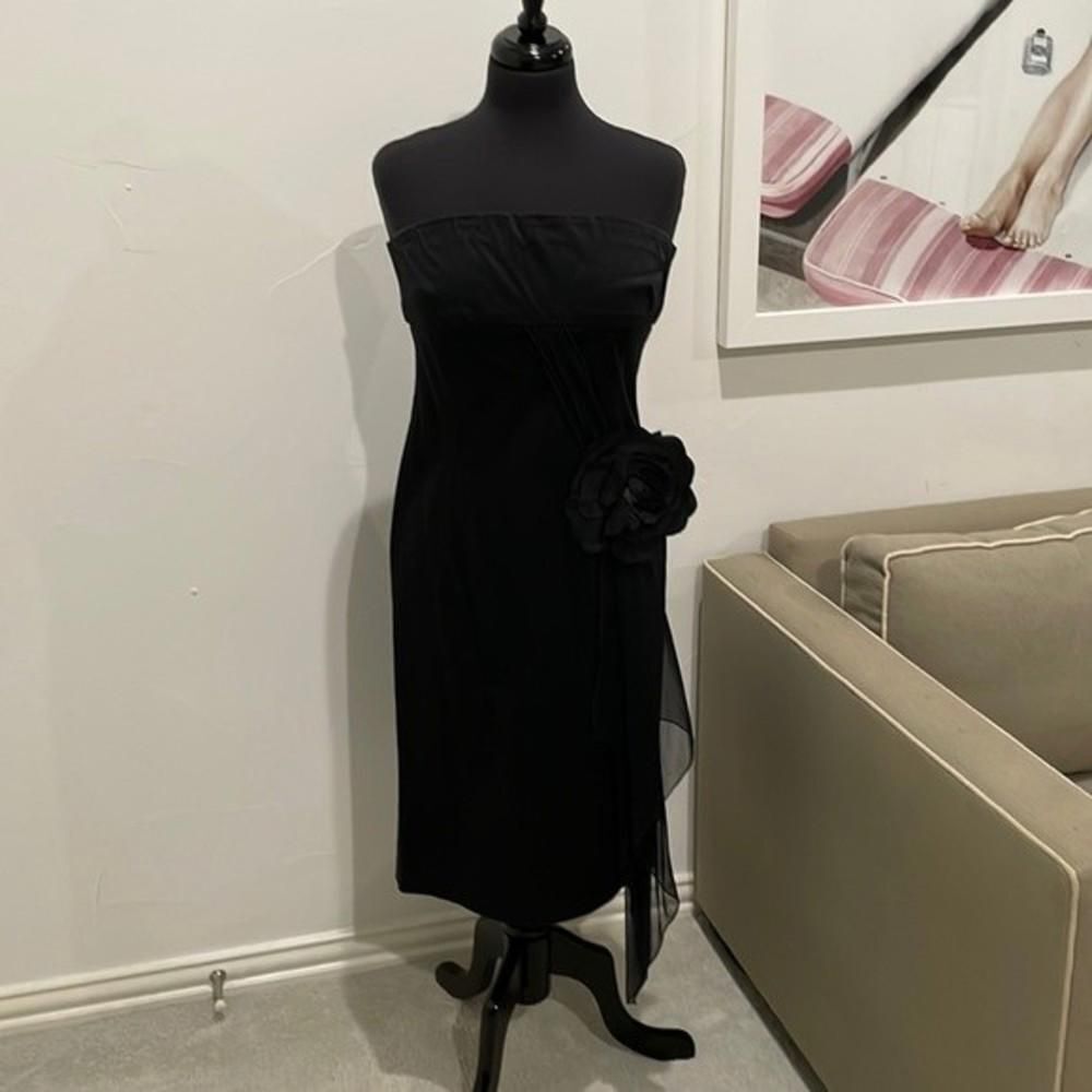 Black strapless dress with chiffon and large floral detailing SZ 10
